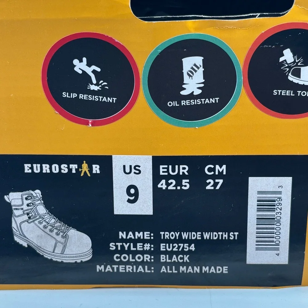 Eurostar Troy Work Boots Men 9 Black Steel Toe Wide Width EU2754 New Slip Resist